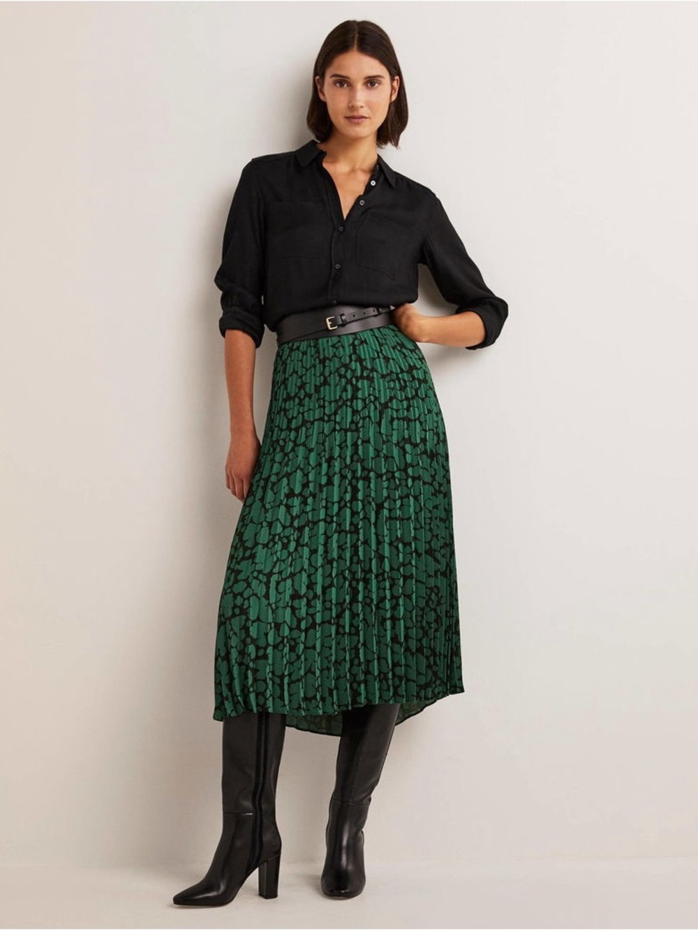 Boden Green & Black Abstract Printed Pleated Midi Skirt